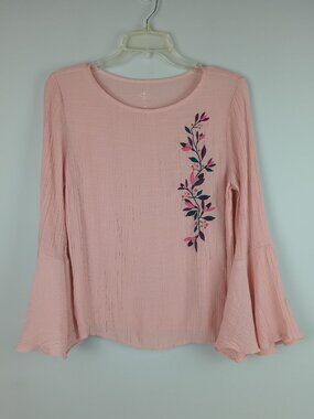 St Johns Bay Women PM Pink Floral Embroidery Long Bell Sleeve Lightweight Blouse